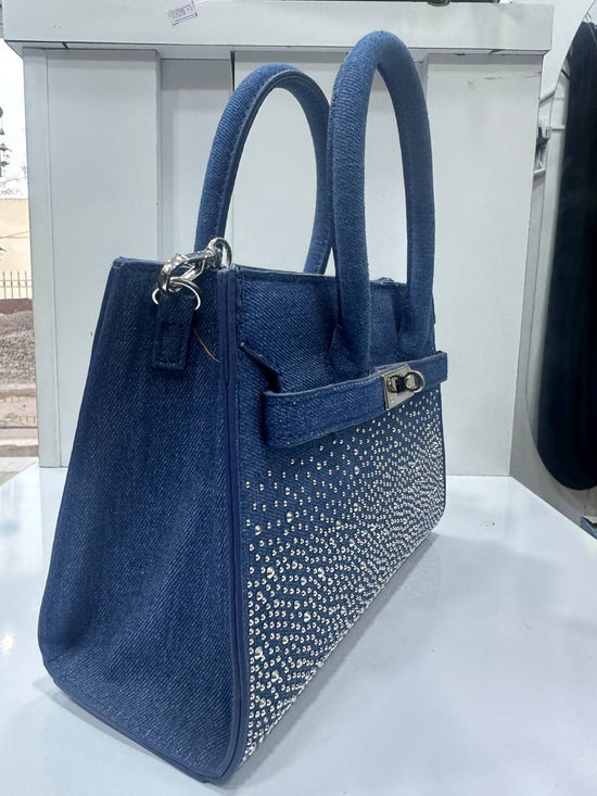 Borsa in denim / jeans con strass / brillantini